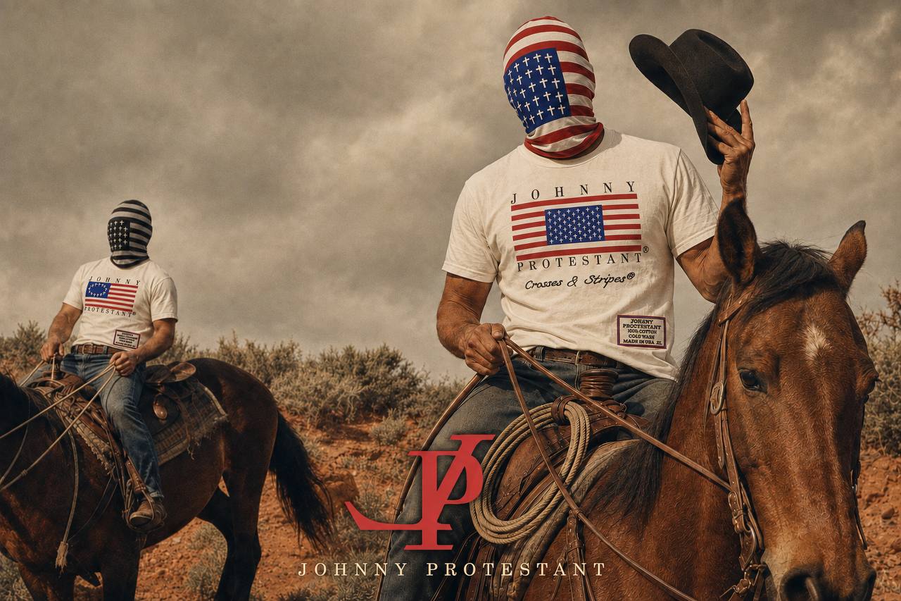Two riders wearing Johnny Protestant Crosses and Stripes T-shirts on horseback