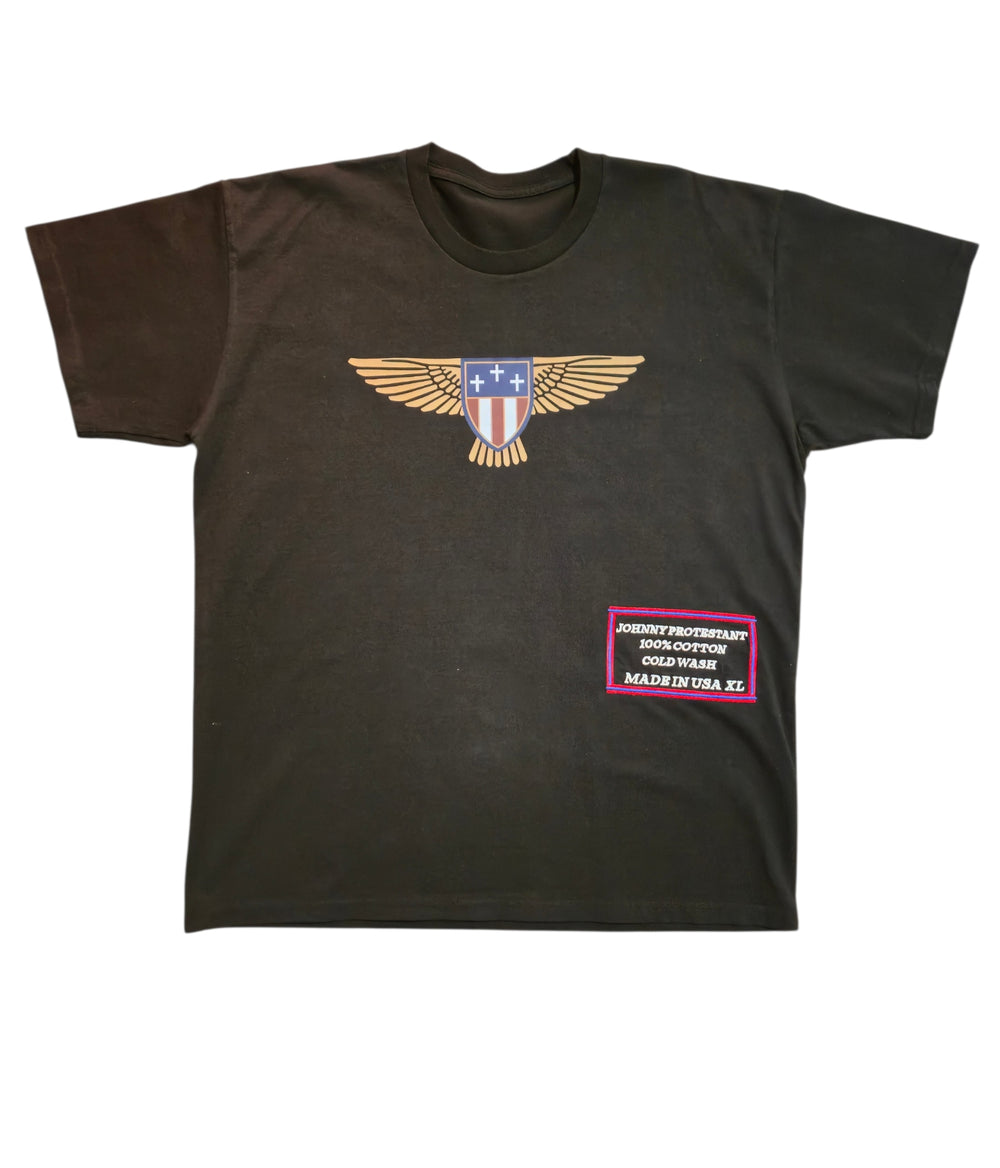 Black Crosses and Shield T-shirt, front view with gold winged shield graphic and label