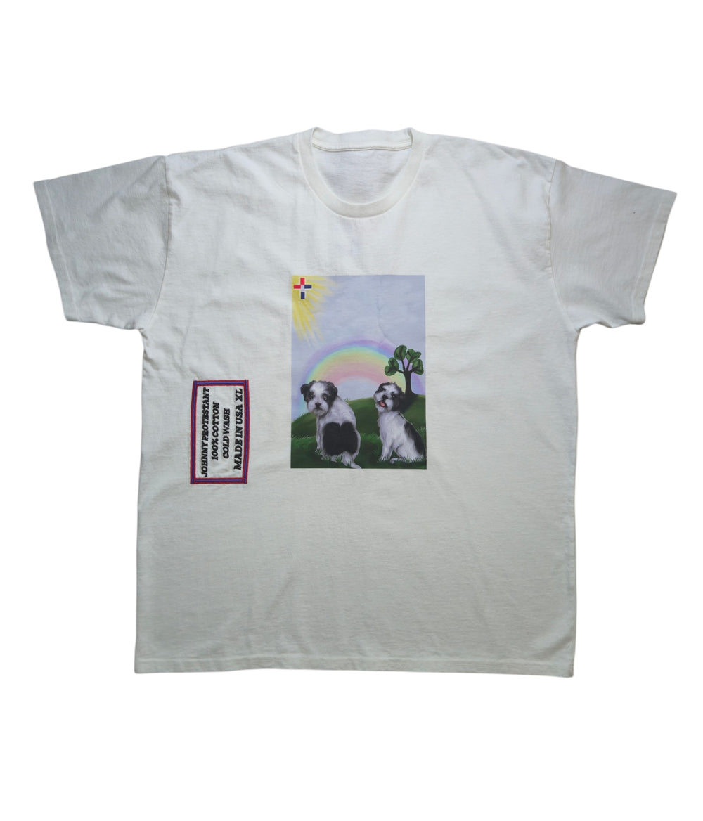 White Saint Gecko Rainbow Bridge T-shirt front with two dogs and rainbow artwork