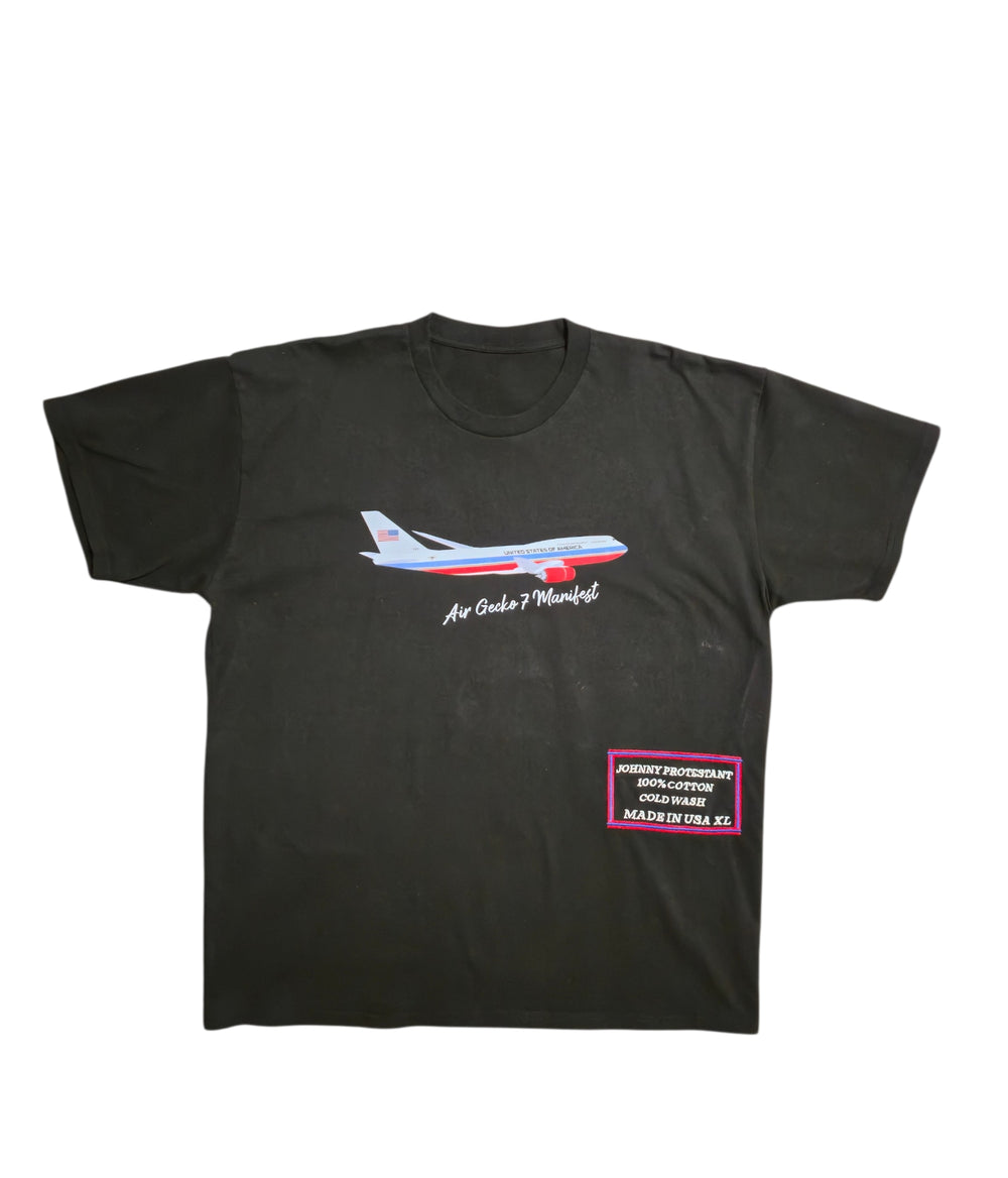 Black Air Gecko 7 Manifest T-shirt, front view with airplane graphic and embroidered label