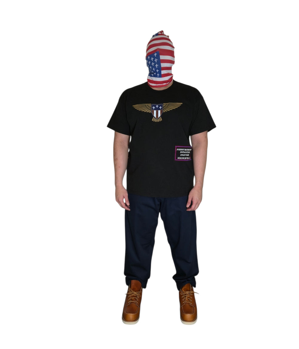 Model wearing black Crosses and Shield T-shirt, full front view