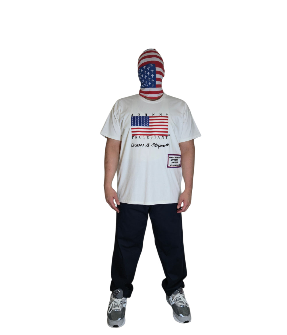 Model wearing the Original Johnny Protestant Flag white T-shirt, front view