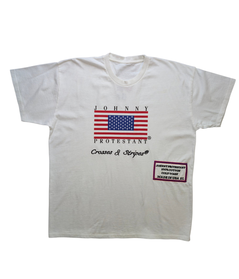 Ivory Clair Protestant Flag T-shirt, front view with cross-filled flag graphic and label