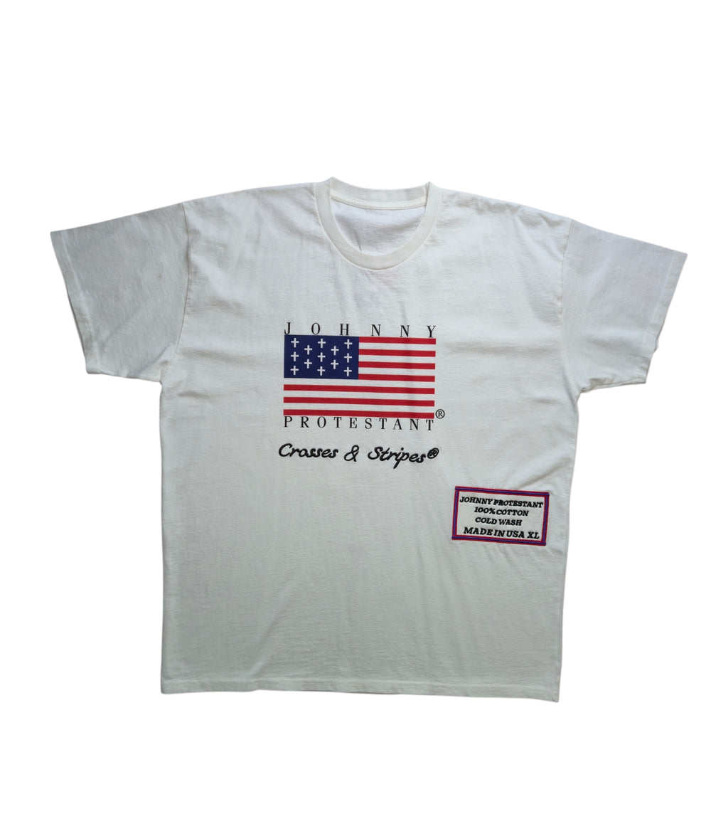 White Hopkinson Protestant Flag T-shirt front with cross-and-stripes graphic and woven label