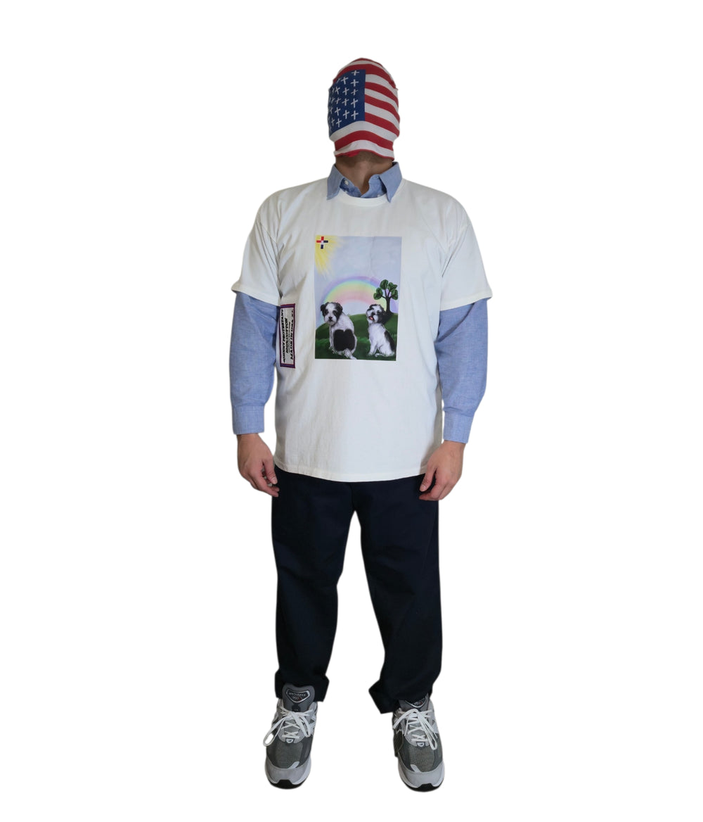 Model wearing Saint Gecko Rainbow Bridge T-shirt over a blue shirt, front full-length view