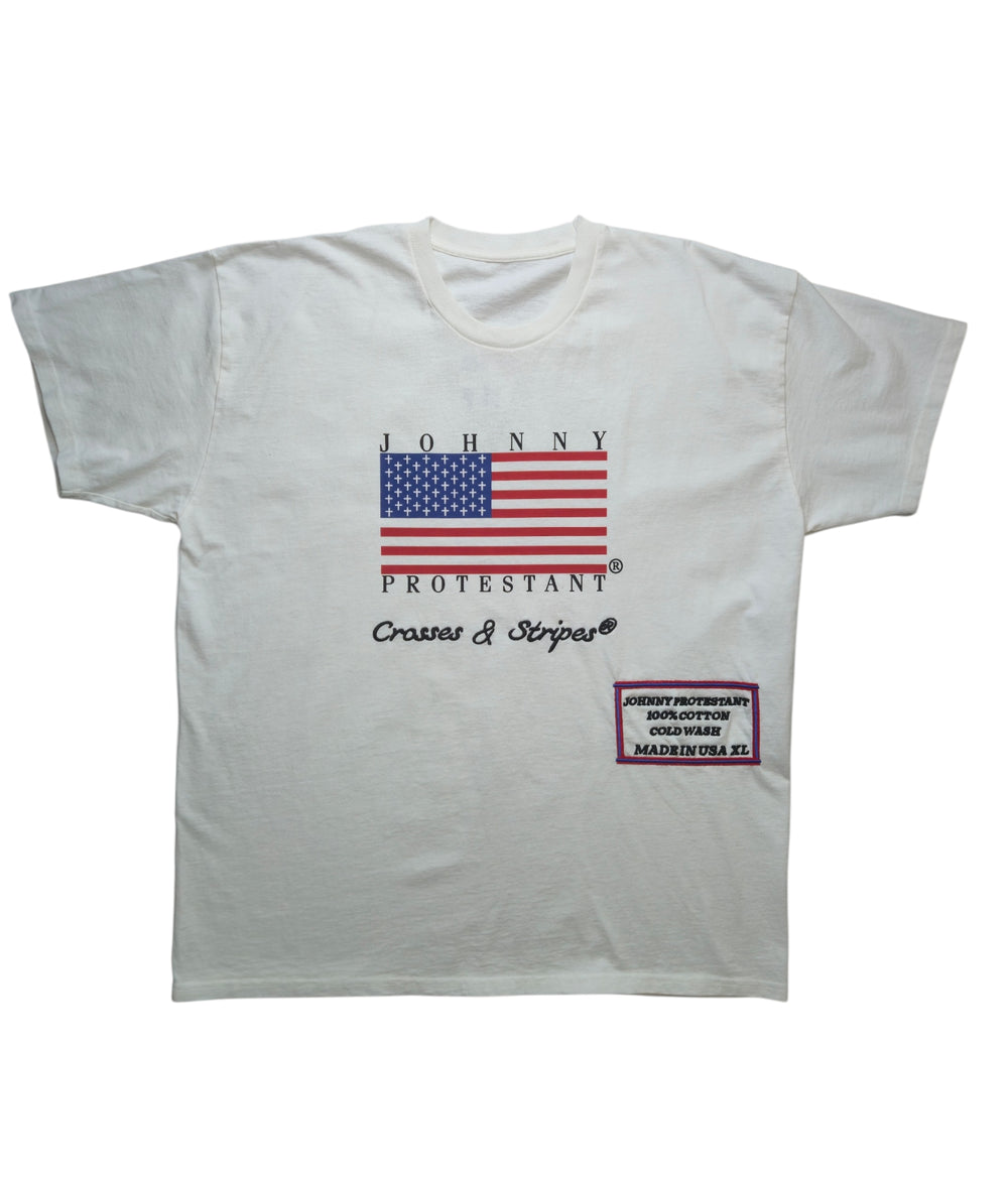 Original Johnny Protestant Flag white T-shirt with Crosses and Stripes graphic, front view