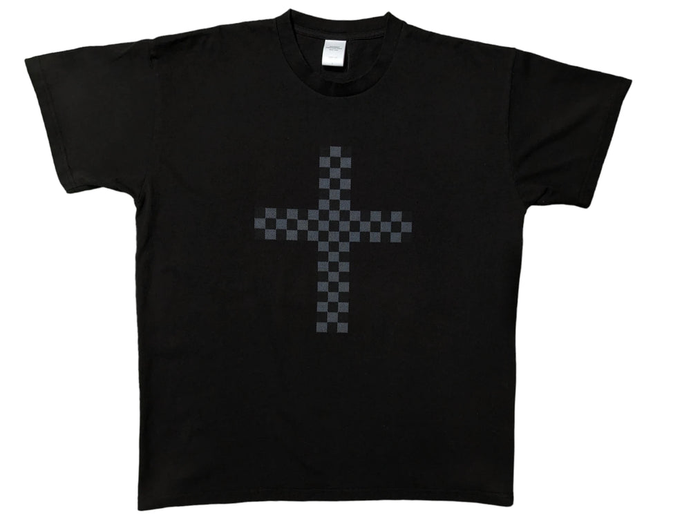 Black Damier Cross T-shirt front with gray checkerboard cross graphic
