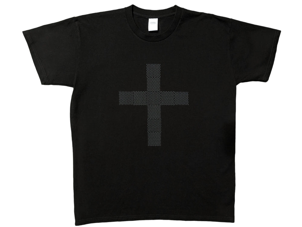 The Gecko Protestant Cross black T-shirt with tonal mesh cross, front view