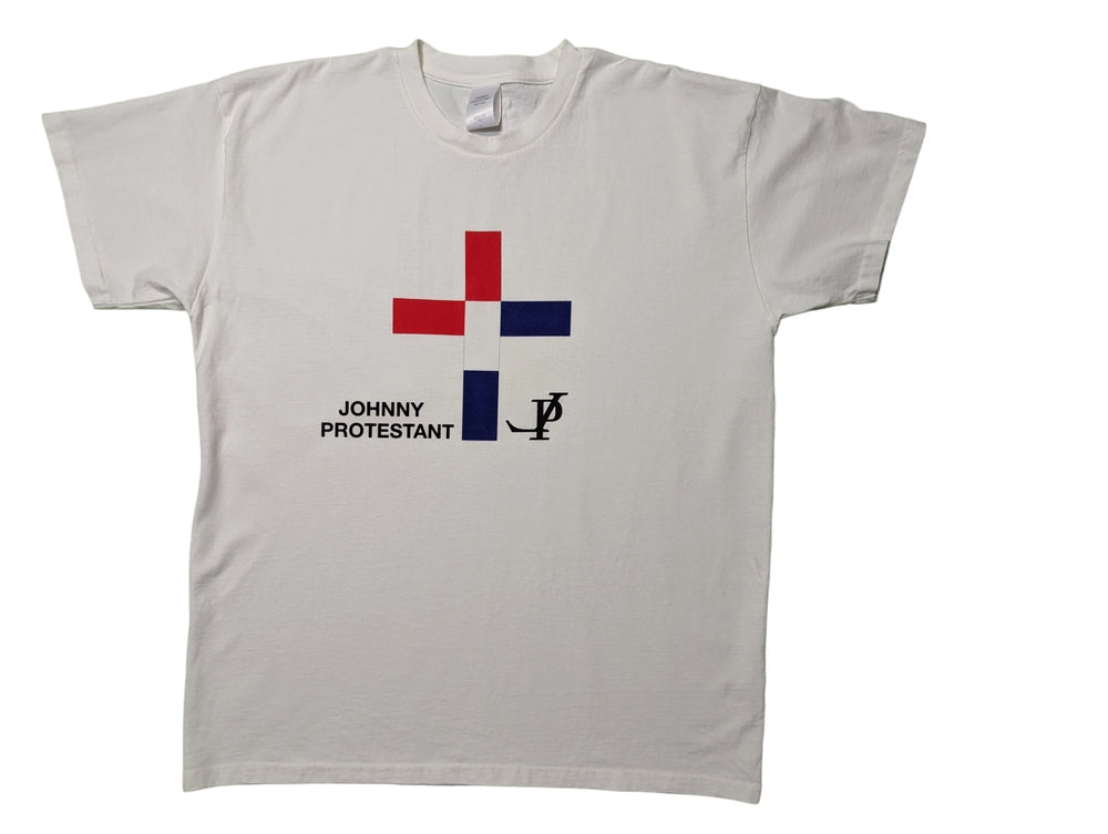 The Johnny Protestant Cross white T-shirt with red, white and blue cross graphic, front view