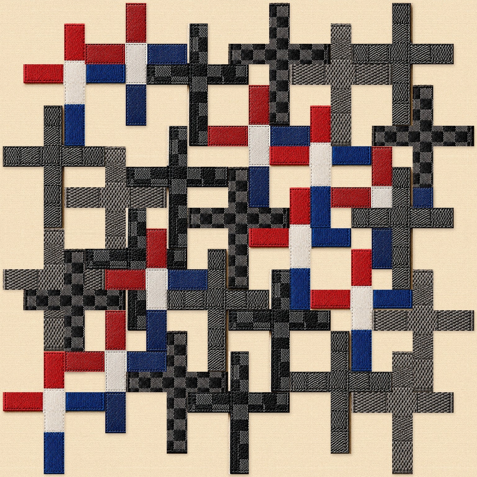 Woven Damier and red, white, and blue cross artwork