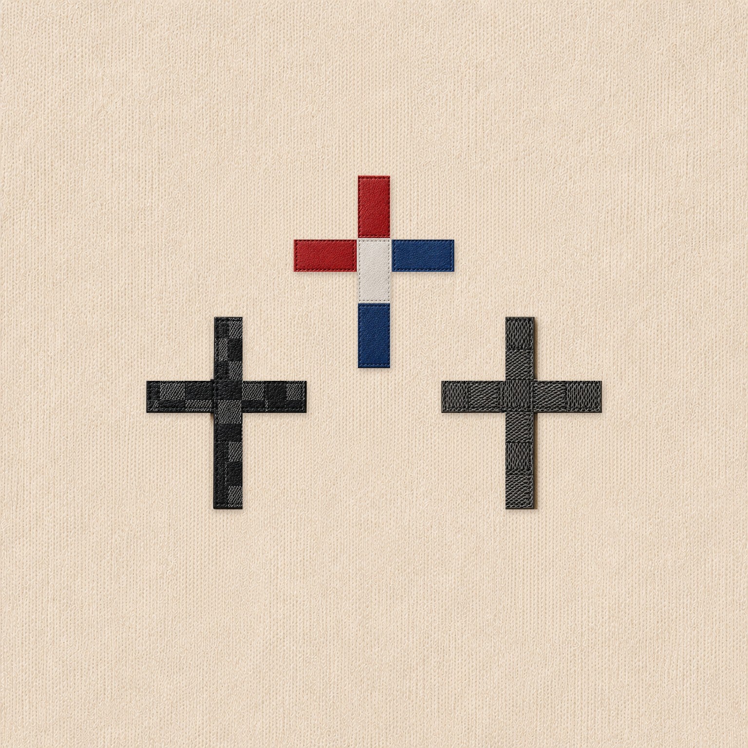 Three woven Johnny Protestant cross studies: the red, white, and blue Johnny Protestant Cross, the Damier Protestant Cross, and the Gecko Protestant Cross