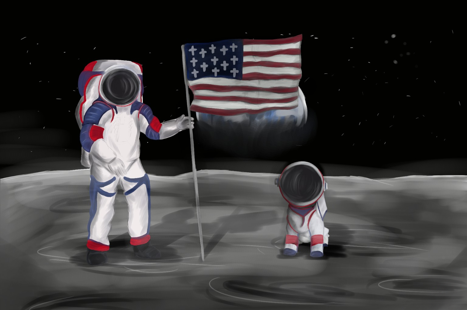 Astronaut and Saint Gecko on the moon with a Crosses and Stripes flag