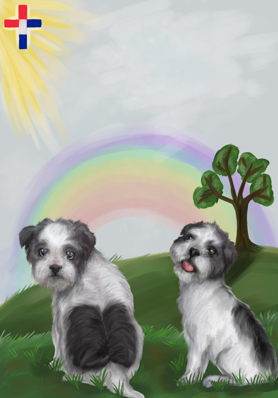 Two dogs beneath a rainbow in a Saint Gecko memorial artwork