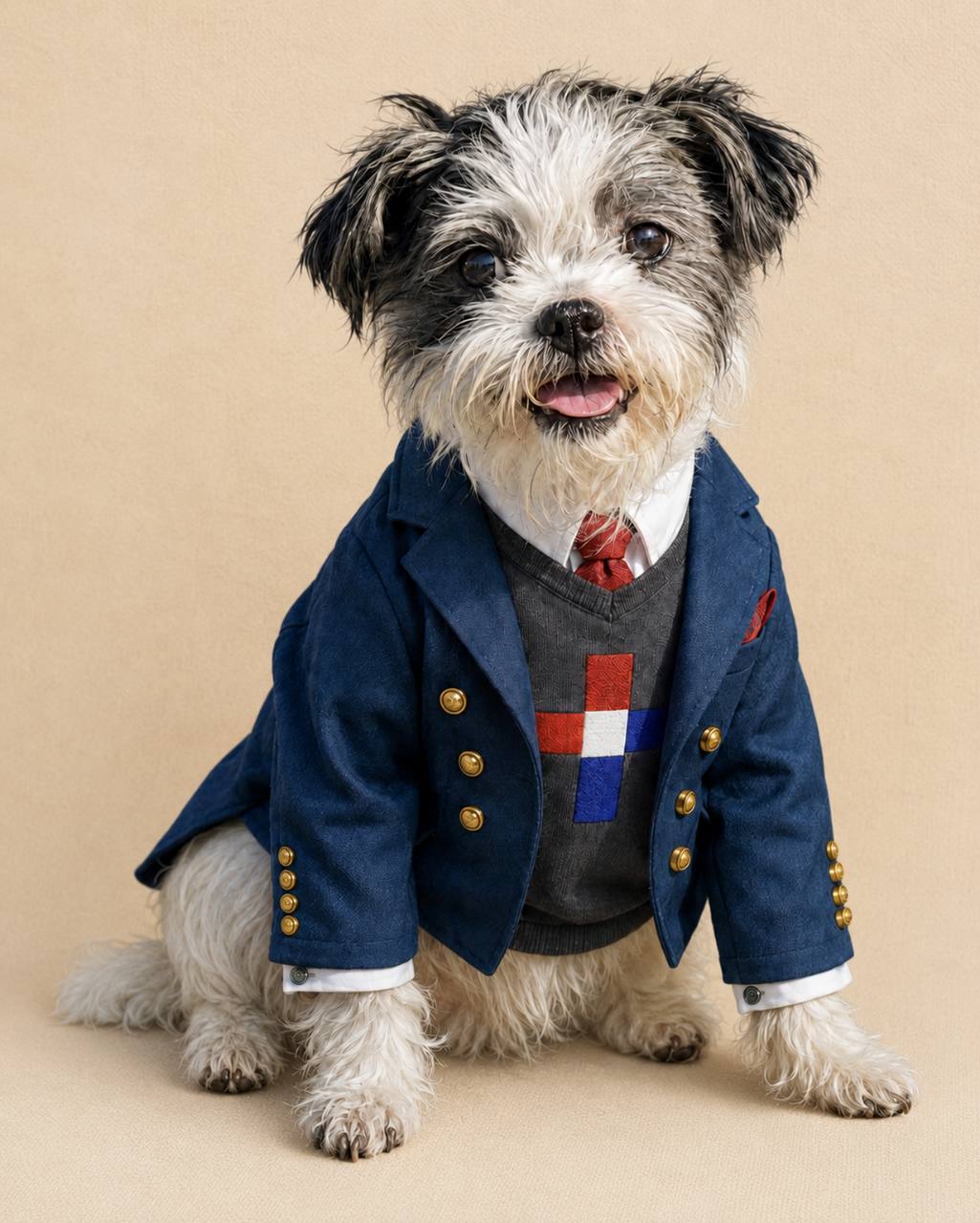 Saint Gecko in a navy blazer and tie